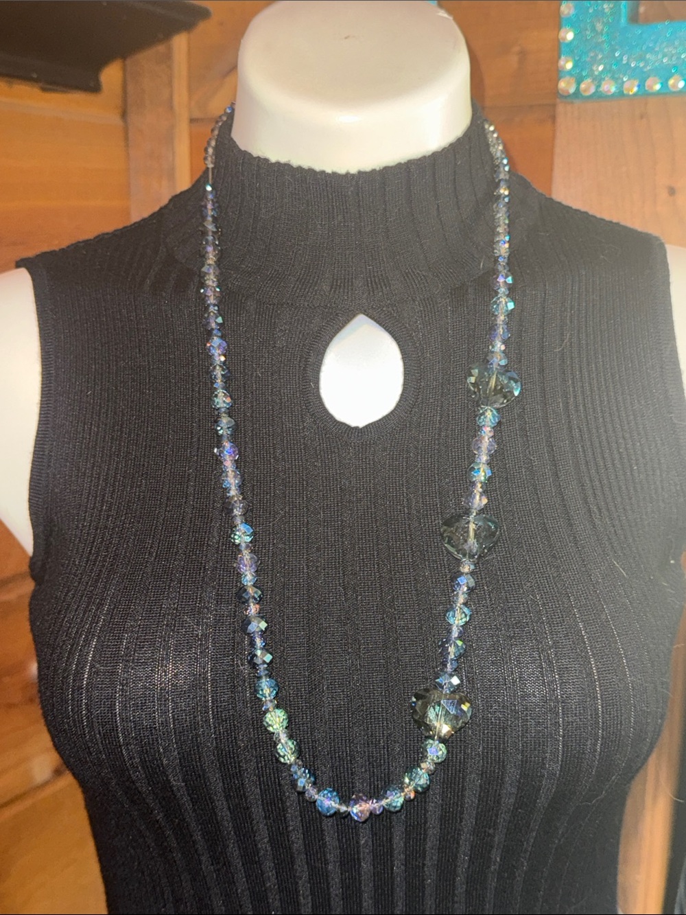 Iridescent Crystal Long Necklace - Blue-Green